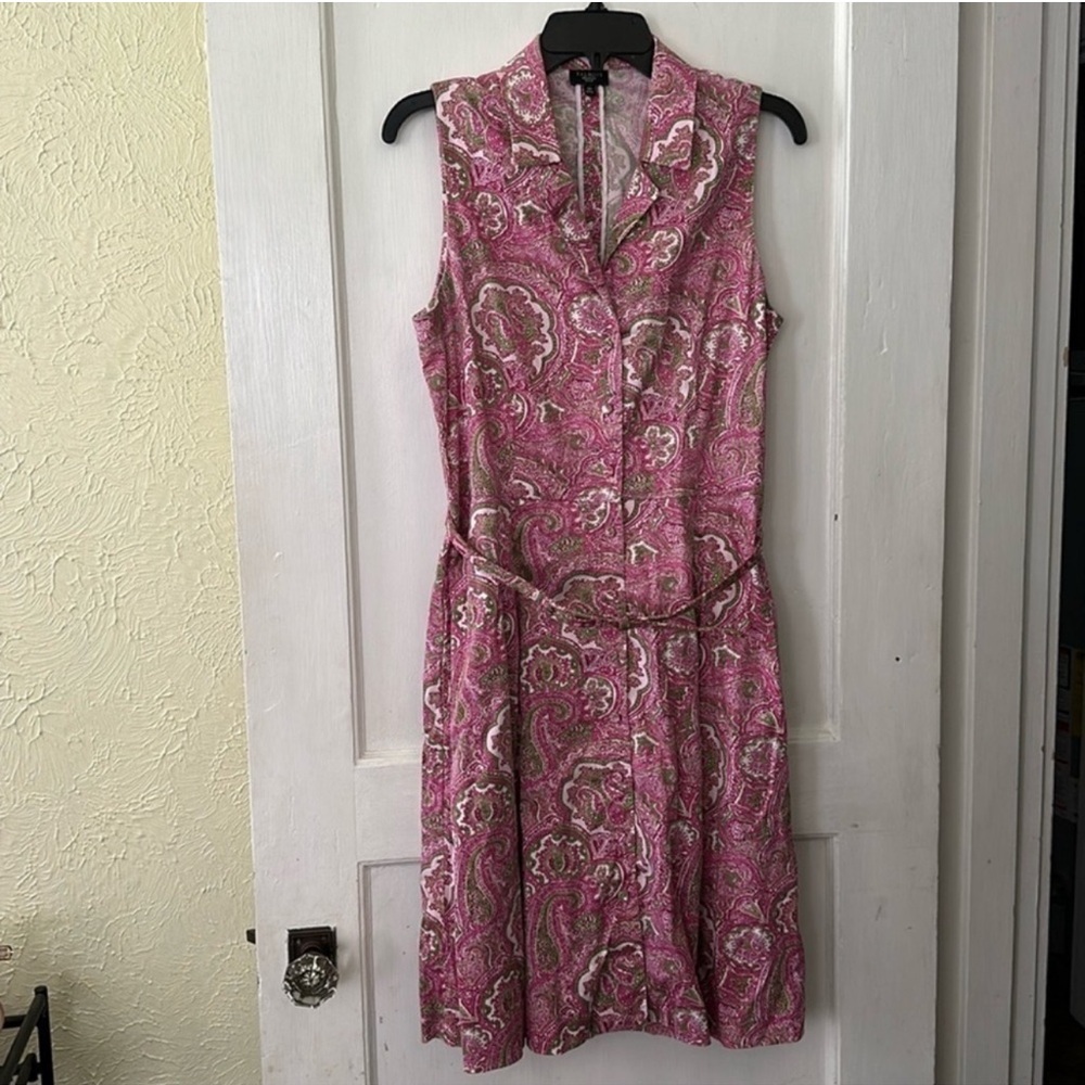 Talbots Boho Pink Paisley Button Down Belted Collared Knee Length Dress